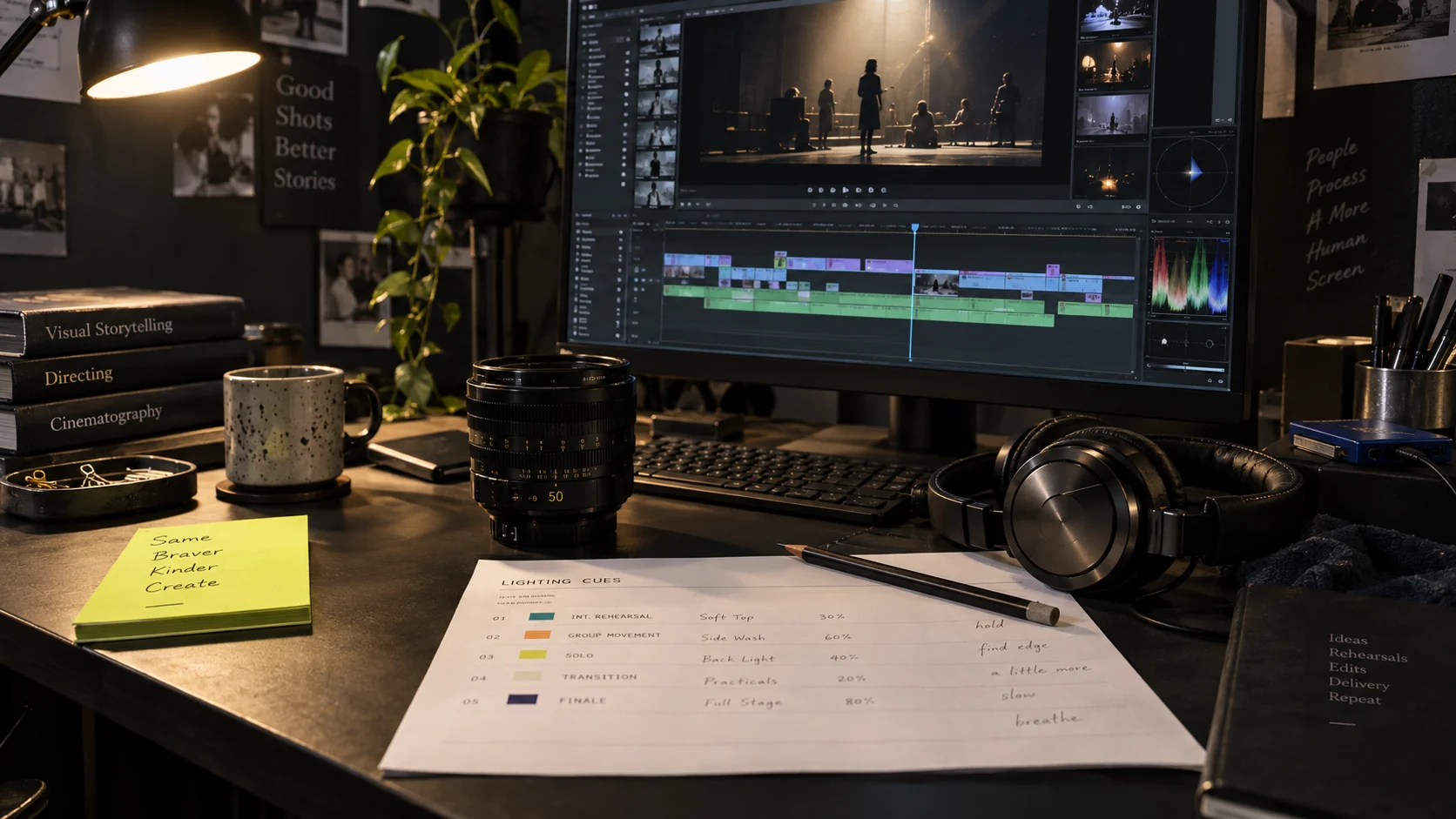 Mesa de trabajo con edición audiovisual, óptica y notas de iluminación